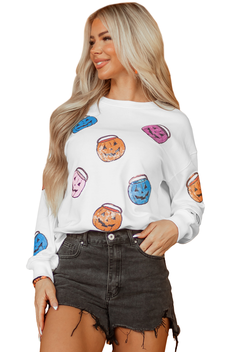 White Halloween Pumpkin Lantern Sequin Patched Sweatshirt