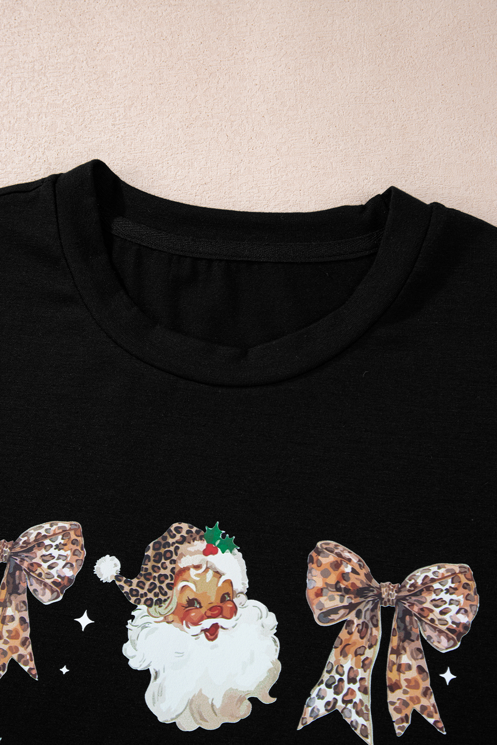 Black Santa Claus Leopard Bow Print Crew Neck Casual T Shirt