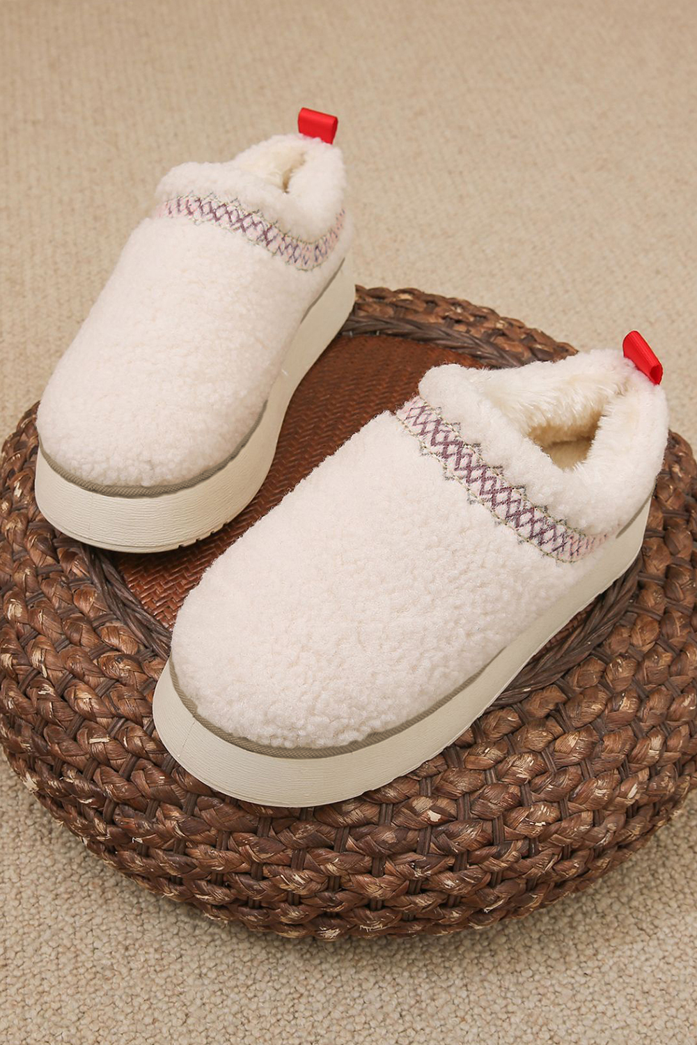 Oatmeal Embroidered Sherpa Plush Thick Sole Snow Boots