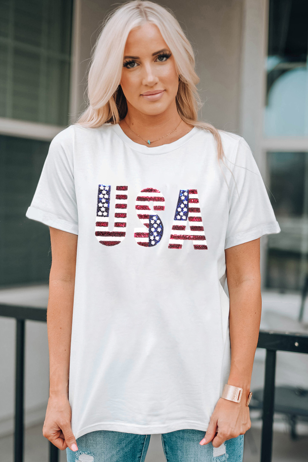 Gray Blooming USA Flag Print Casual T Shirt