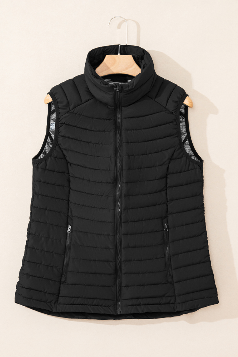 Silvery Plush Collared Quilted Zipped Puffer Vest