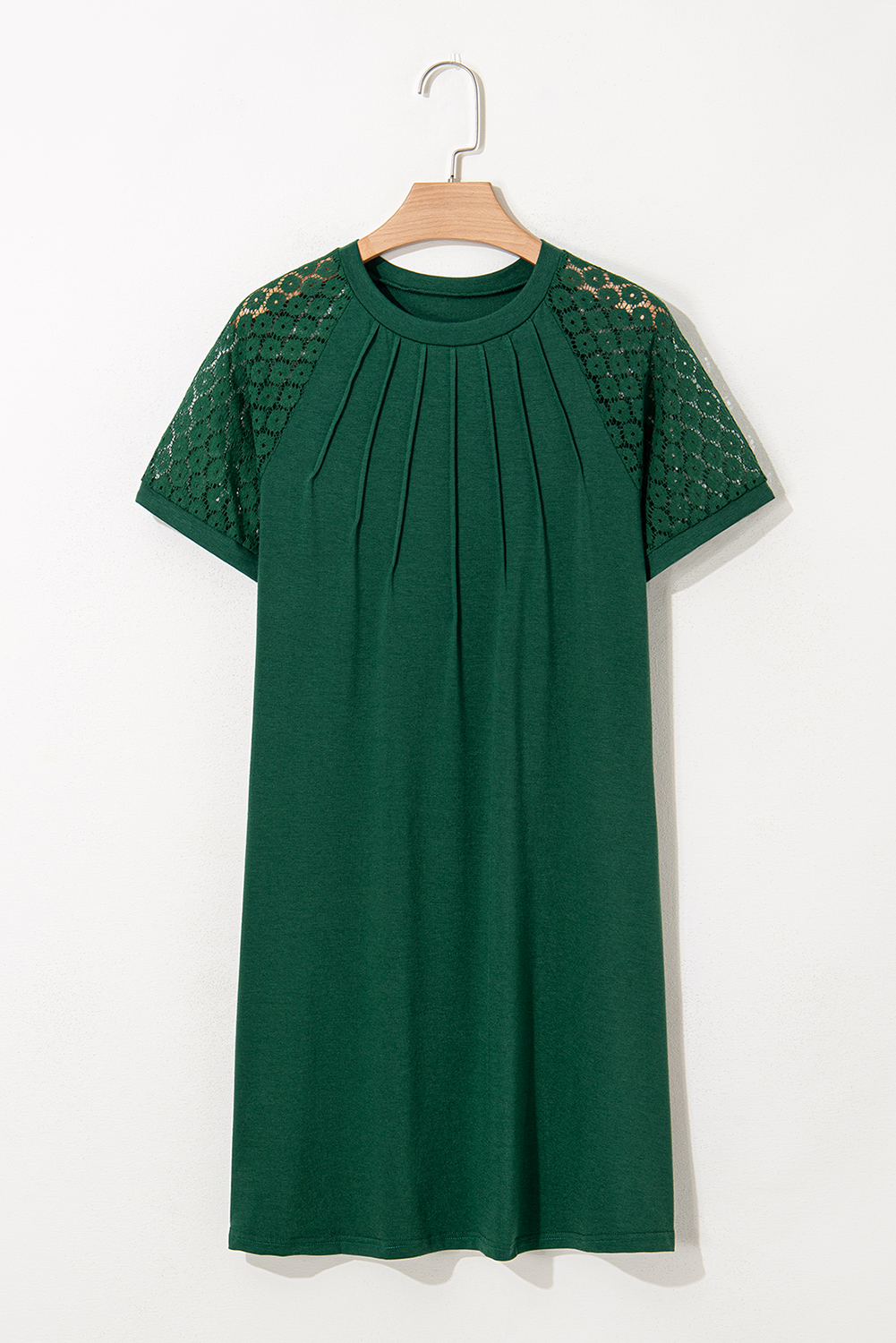 Navy Blue Contrast Lace Raglan Sleeve Pleated Detail Shift Dress