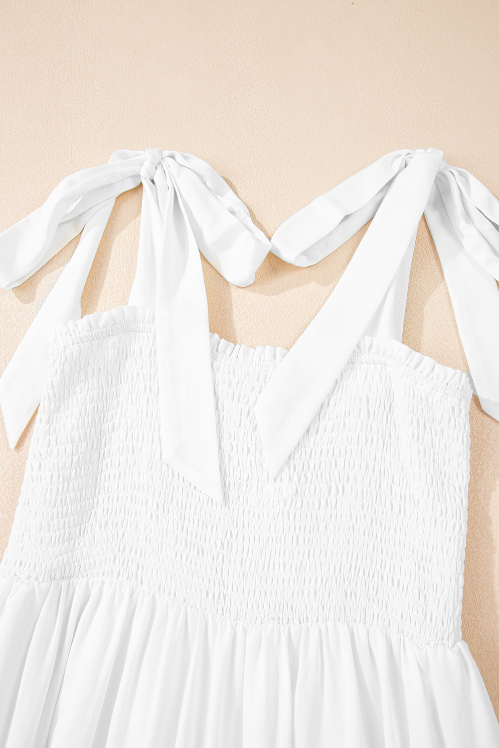 White Customizable Knot Straps Smocked Bodice Tiered Blank Maxi Dress