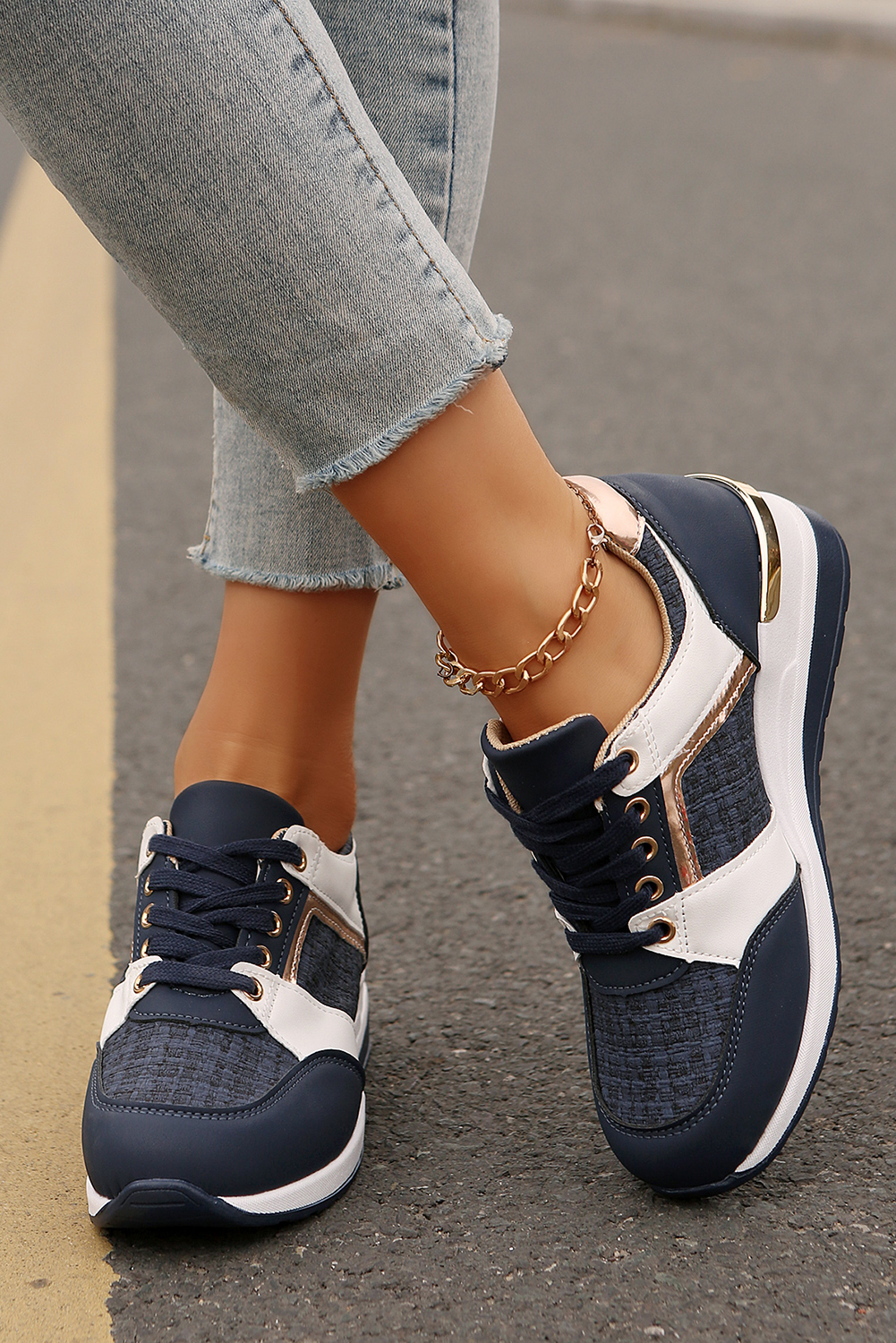 Blackish Green Glitter Patched Lace-up Wedge Sneakers
