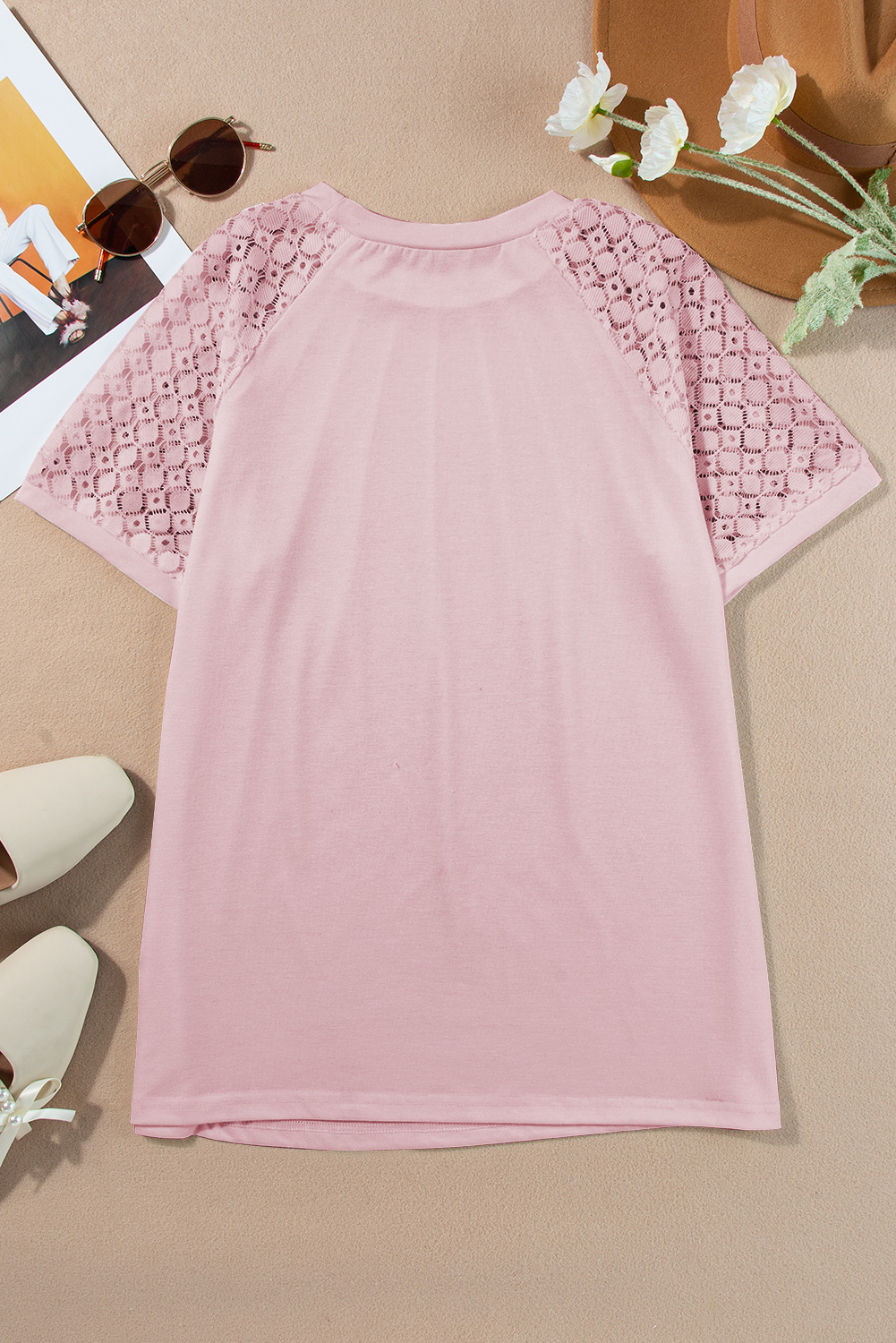 Pink Seamed Detail Contrast Lace Raglan Sleeve Tee