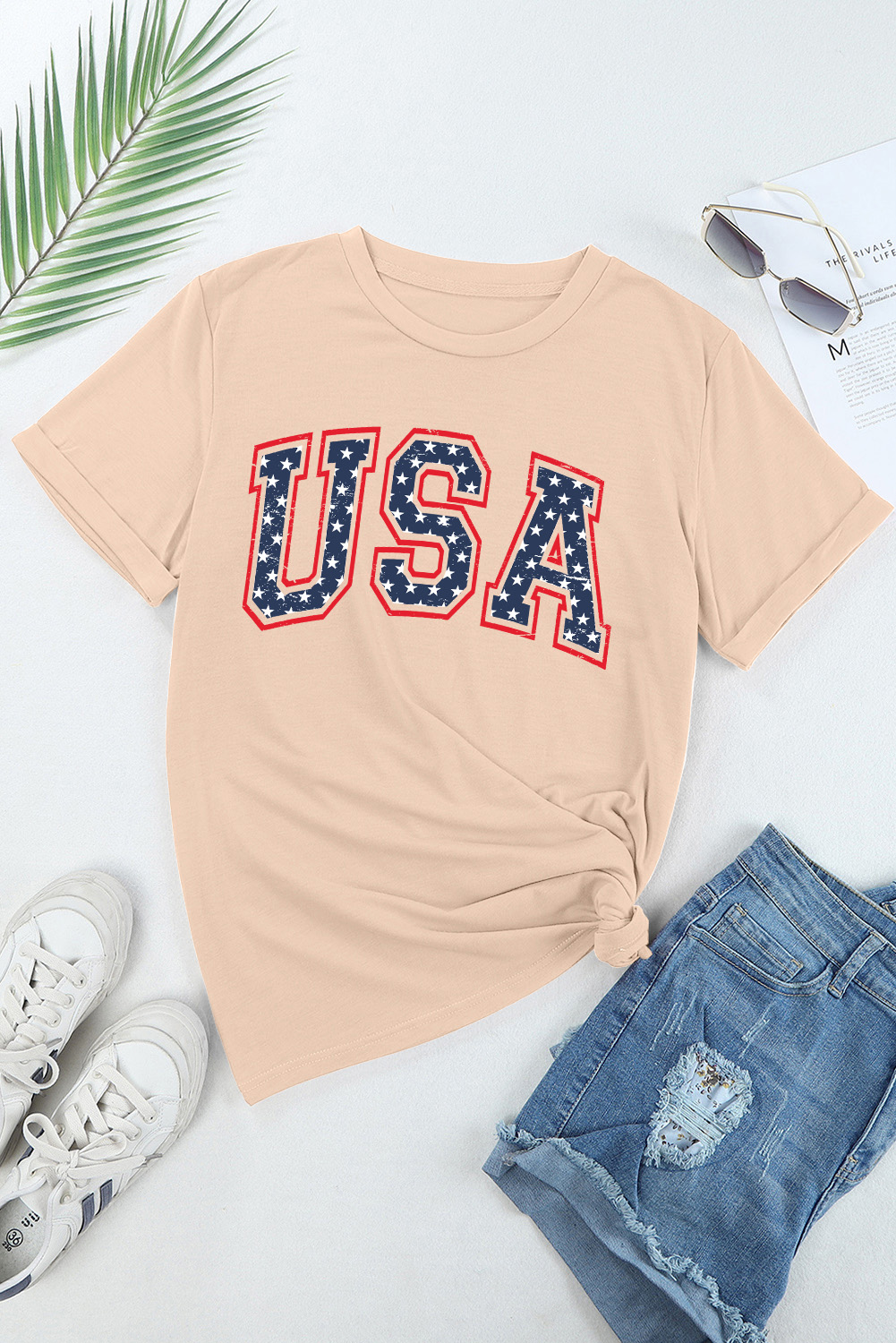 Gray Blooming USA Flag Print Casual T Shirt
