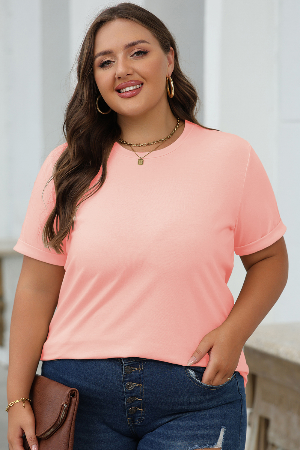 Khaki Casual Plain Crew Neck Tee