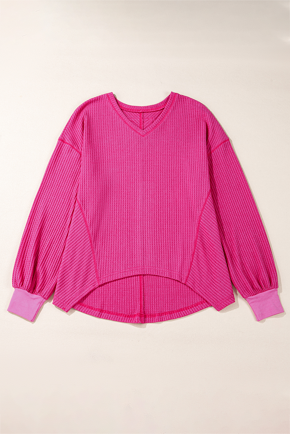 Light Pink Waffle V Neck Long Sleeve Drop Shoulder Loose Blouse