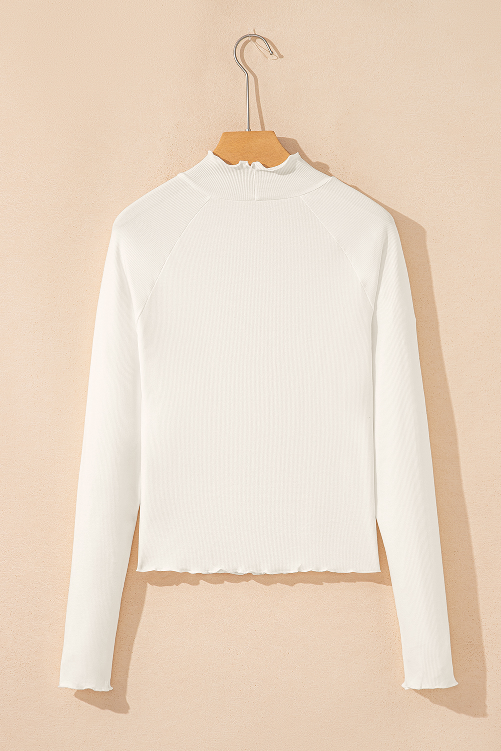 Black Ribbed Knit Lettuce Trim High Neck Long Sleeve Top