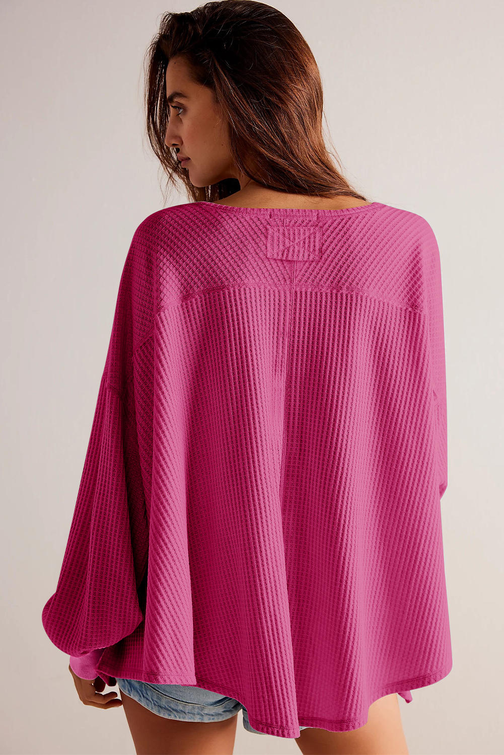 Light Pink Waffle V Neck Long Sleeve Drop Shoulder Loose Blouse