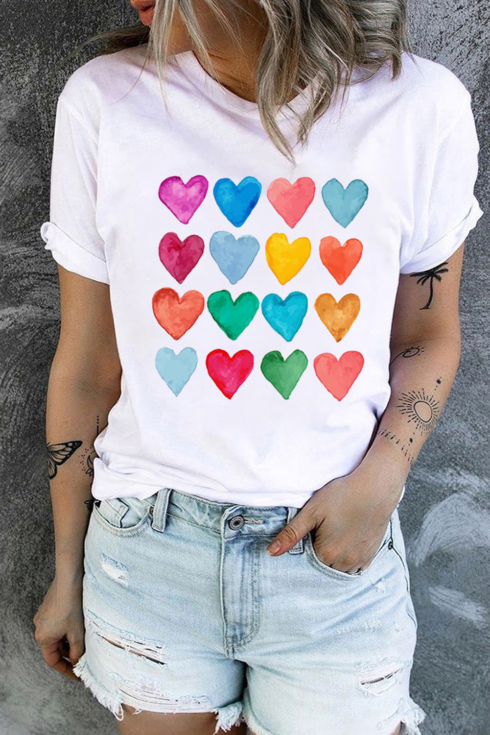 Red Leopard Striped Heart Shaped Print Crew Neck T Shirt