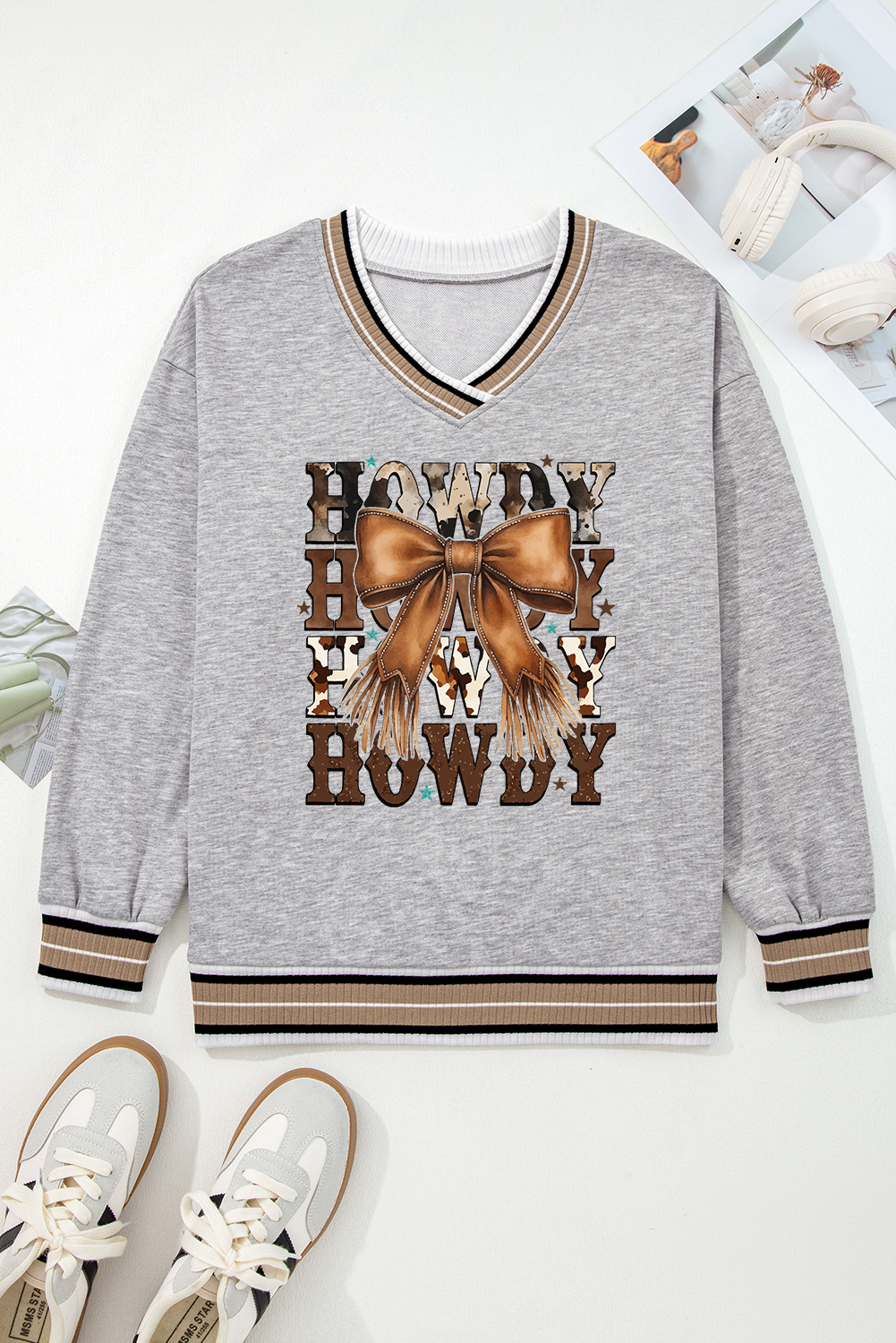 Gray Varsity Contrast Striped Trim V Neck Sweatshirt