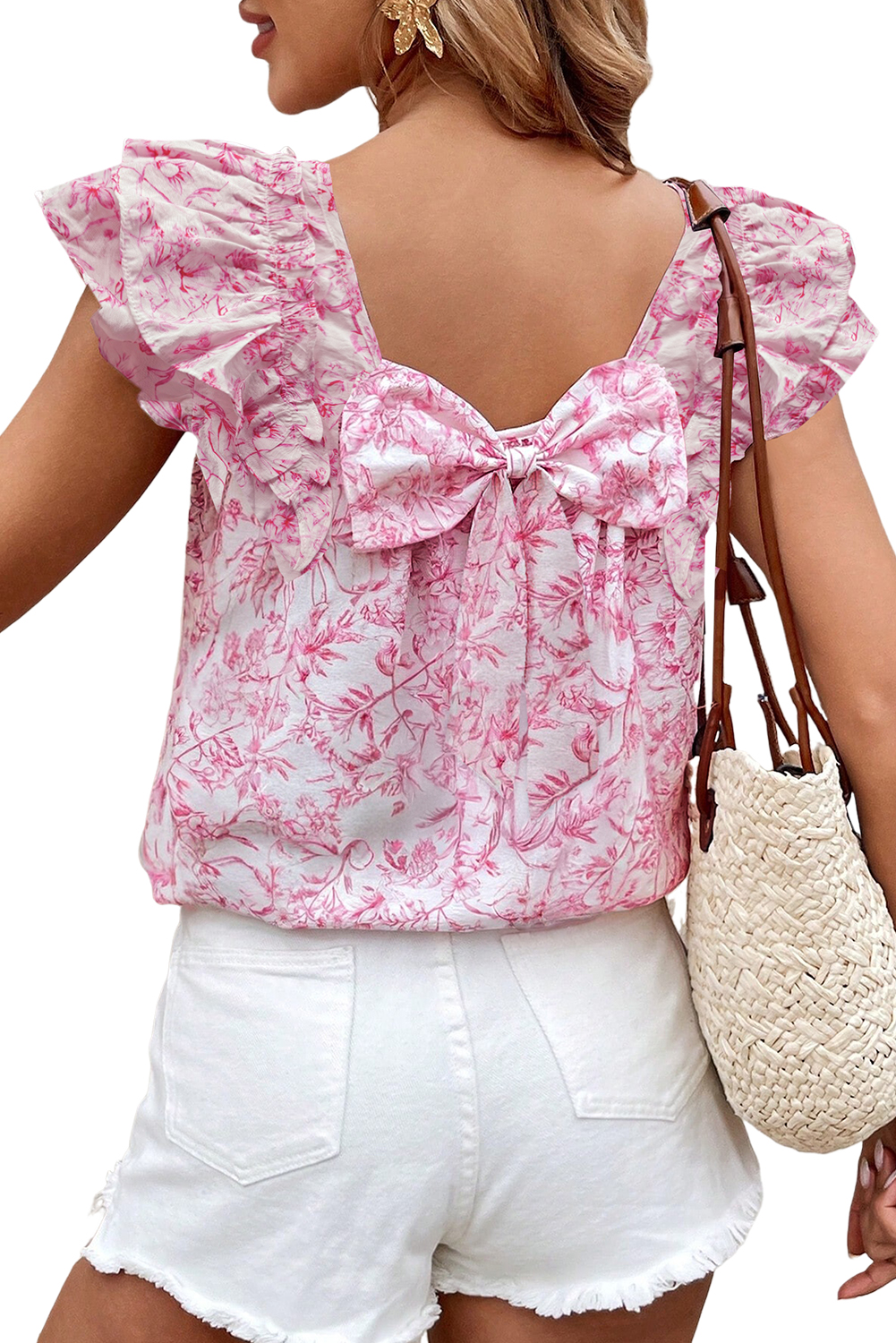 Beau Blue Textured Bow Knot Frilled Butterfly Sleeve Blouse