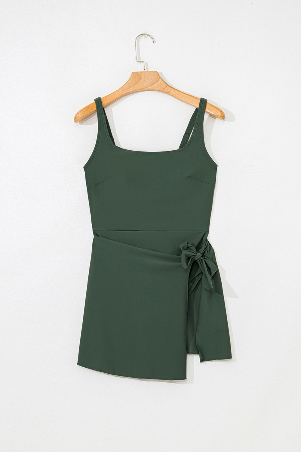 Black Side Tied Waist Square Neck Adjustable Straps A-line One Piece Swim Dress