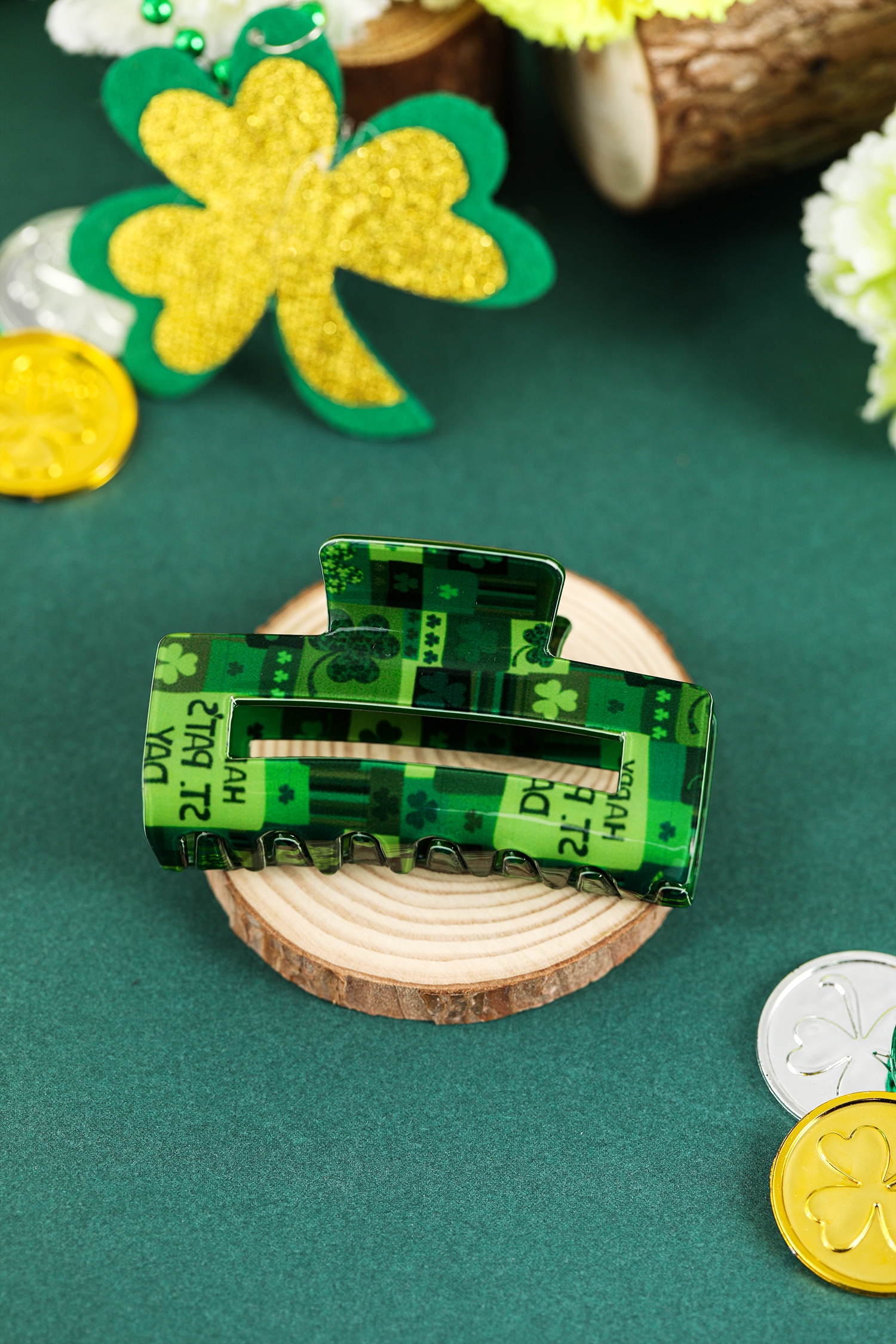 Dark Green St Patricks Day Clover Square Hair Claw Clip