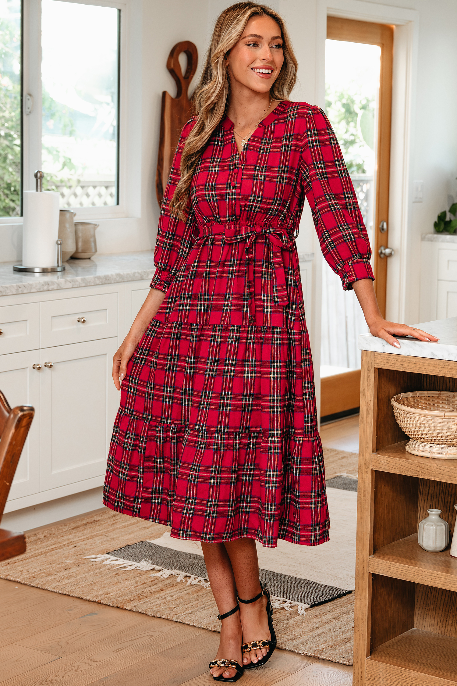 Red Christmas Plaid V Neck 3/4 Sleeve Tie Waist Ruffle Hem Long Dress