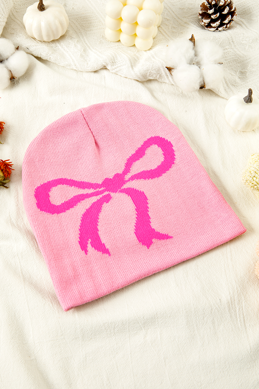 Pink Ribbon Bow Print Soft Knit Beanie