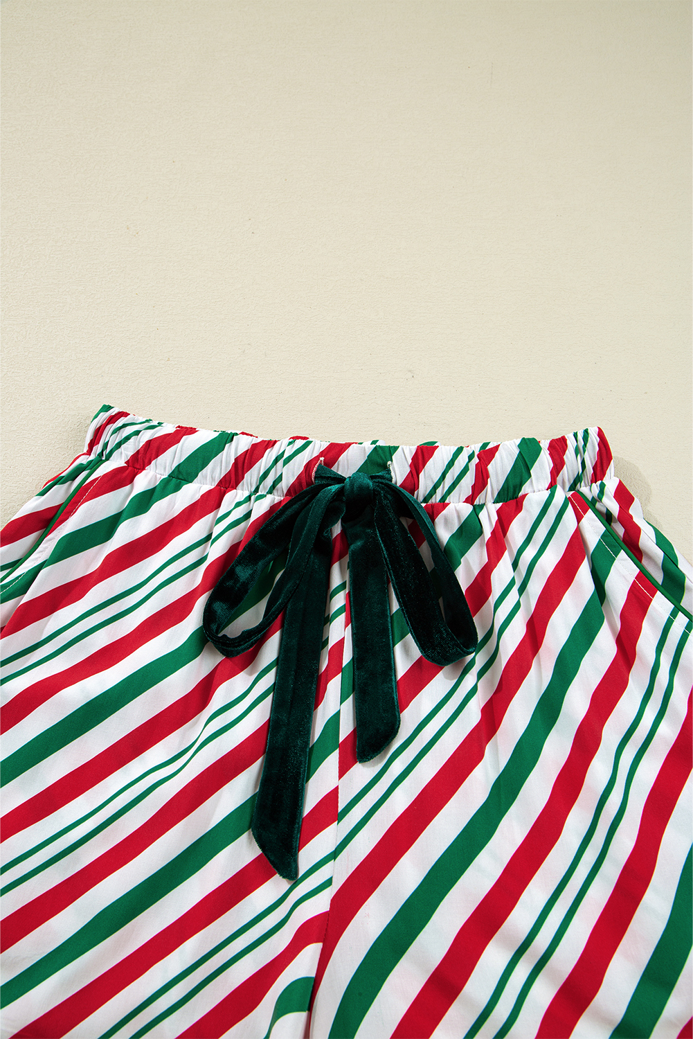 Green Stripe Contrast Velvet Ribbon Knot Christmas 2pcs Pajama Set
