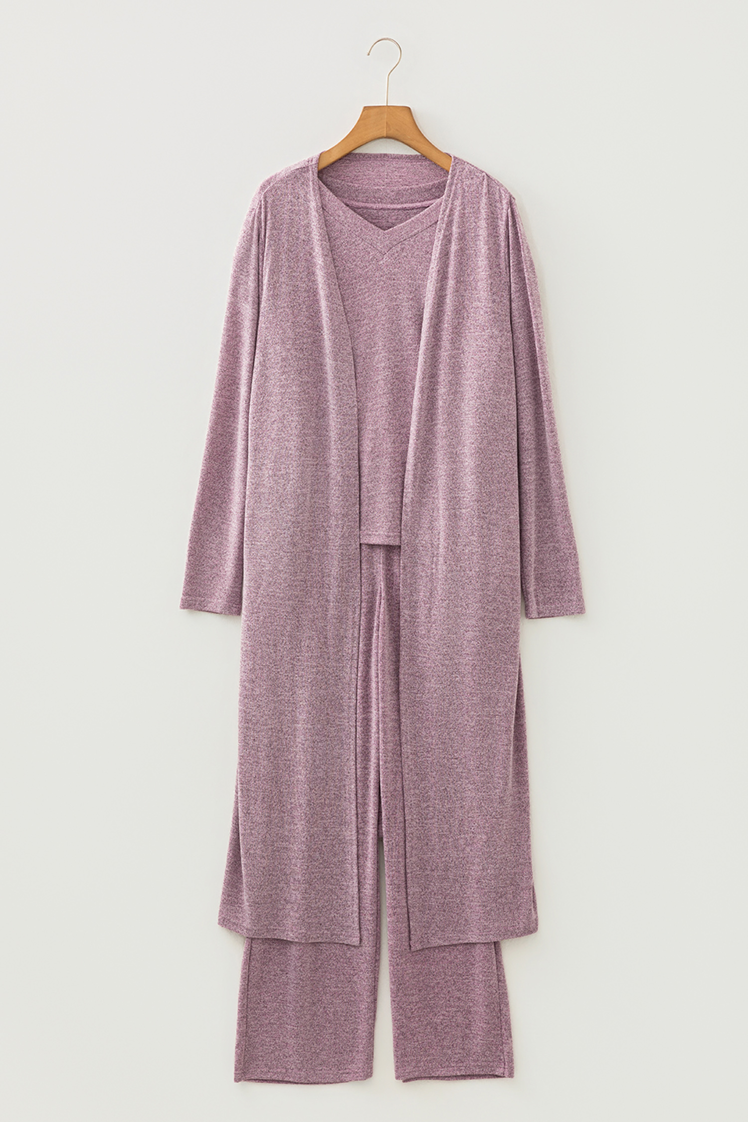 Delicacy 3pcs V Neck T Shirt Ribbon Knot Pants Open Duster 3pcs Lounge Set