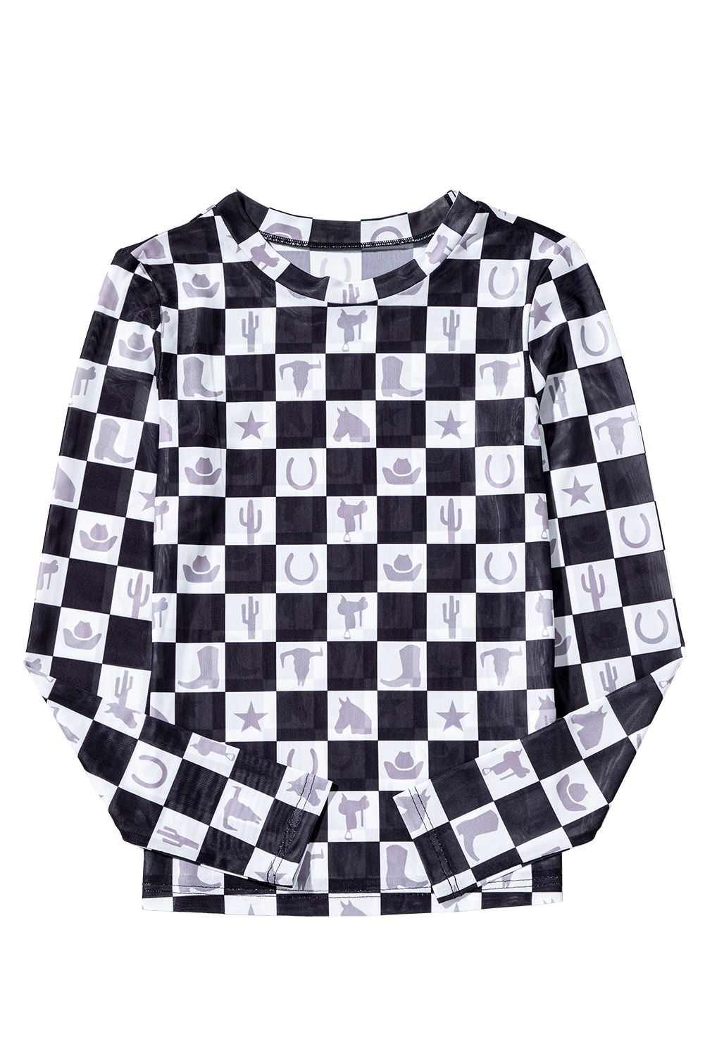Khaki Checkered Pattern Mesh Mock Neck Long Sleeve Top