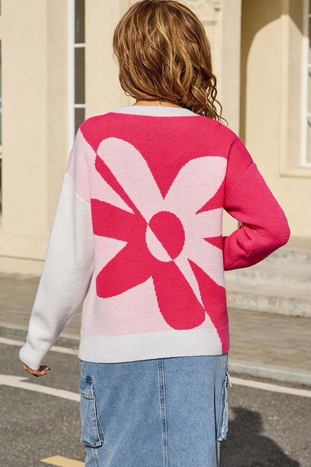 Black 2-tone Contrast Flower Pattern Drop Shoulder Bulk Sweater