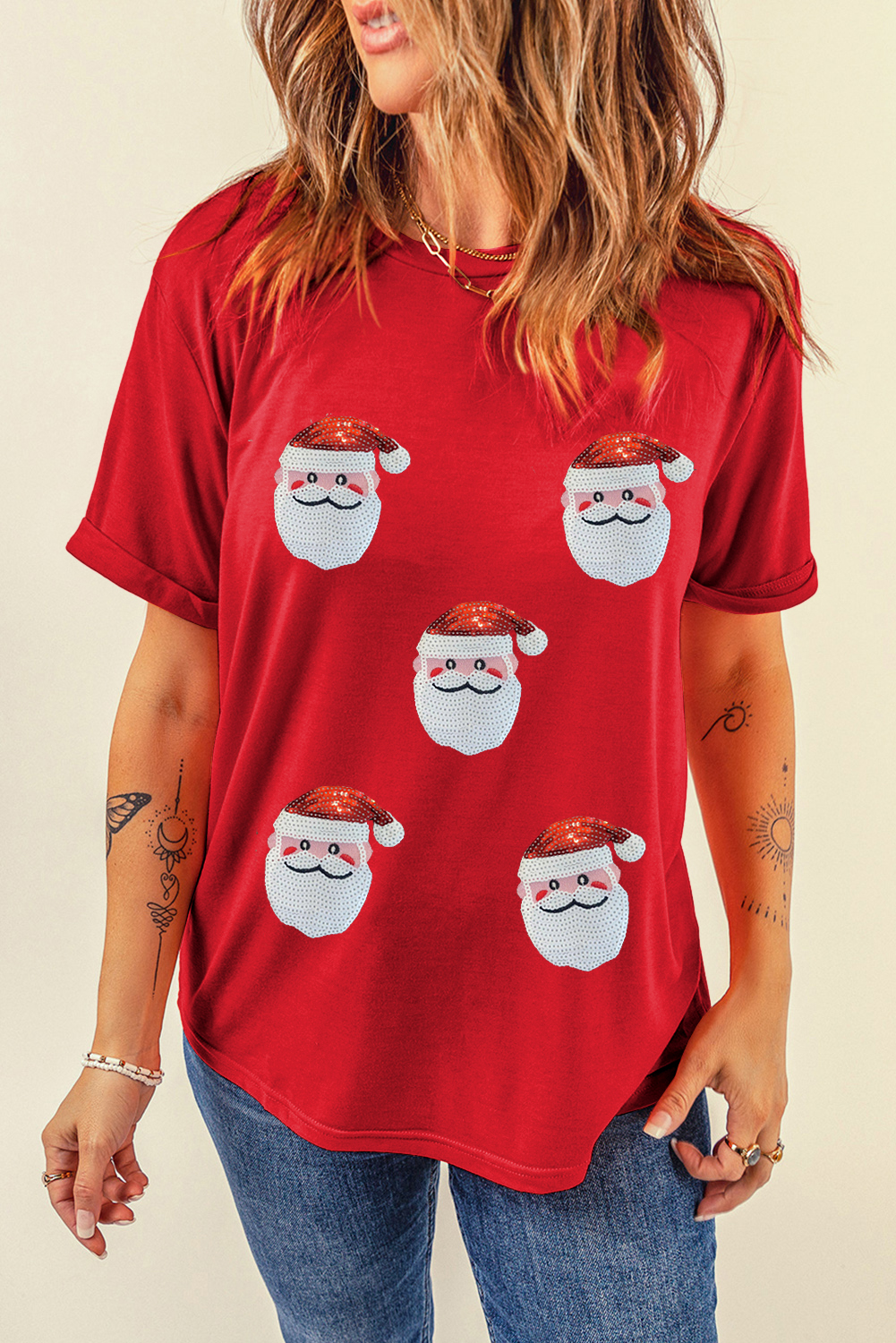 Black Faux Sequin Christmas Claus Pattern Crewneck T Shirt