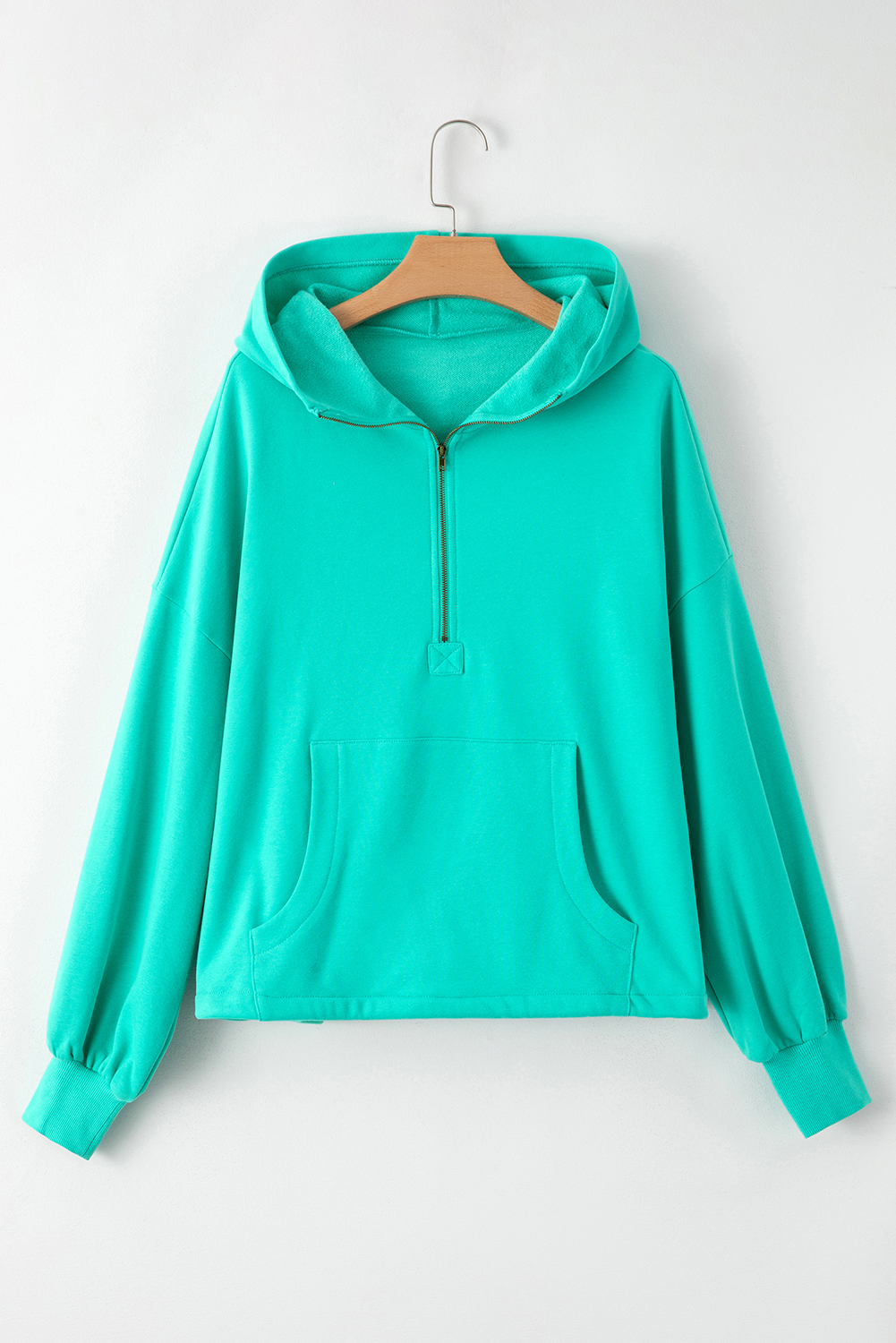 Bonbon Fleece Lined Half Zipper Kangaroo Pockets Loose Hoodie