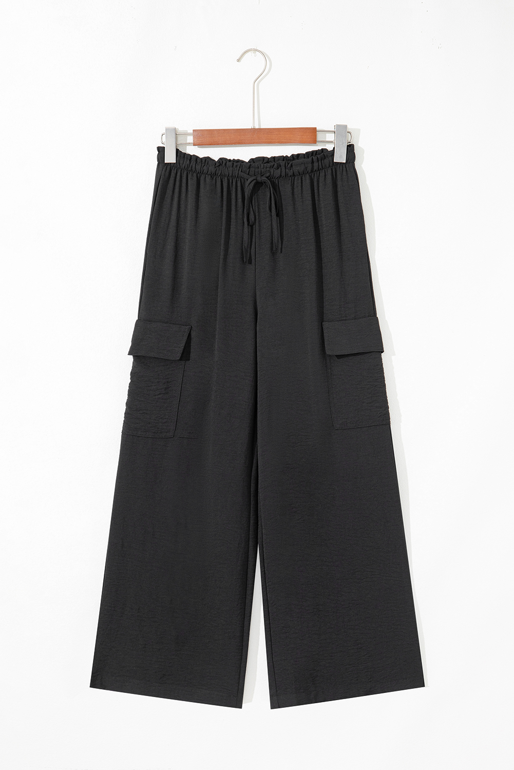 Black Drawstring Frilled Elastic Waistband Wide Leg Utility Trousers