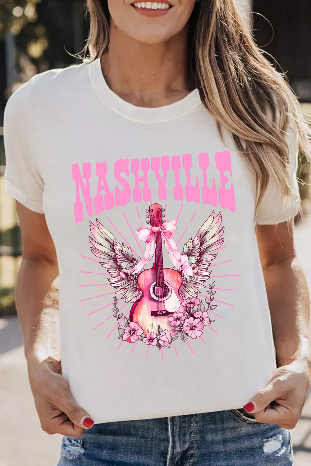White NASHVILLE Guitar Graphic Music Festival T Shirt