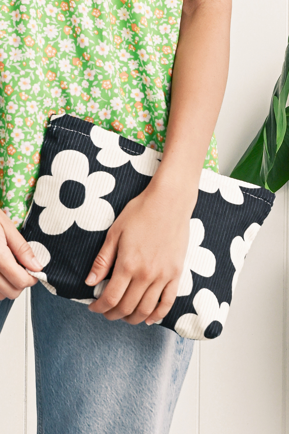 Red Flower Printed Rib Textured Cosmetic Bag