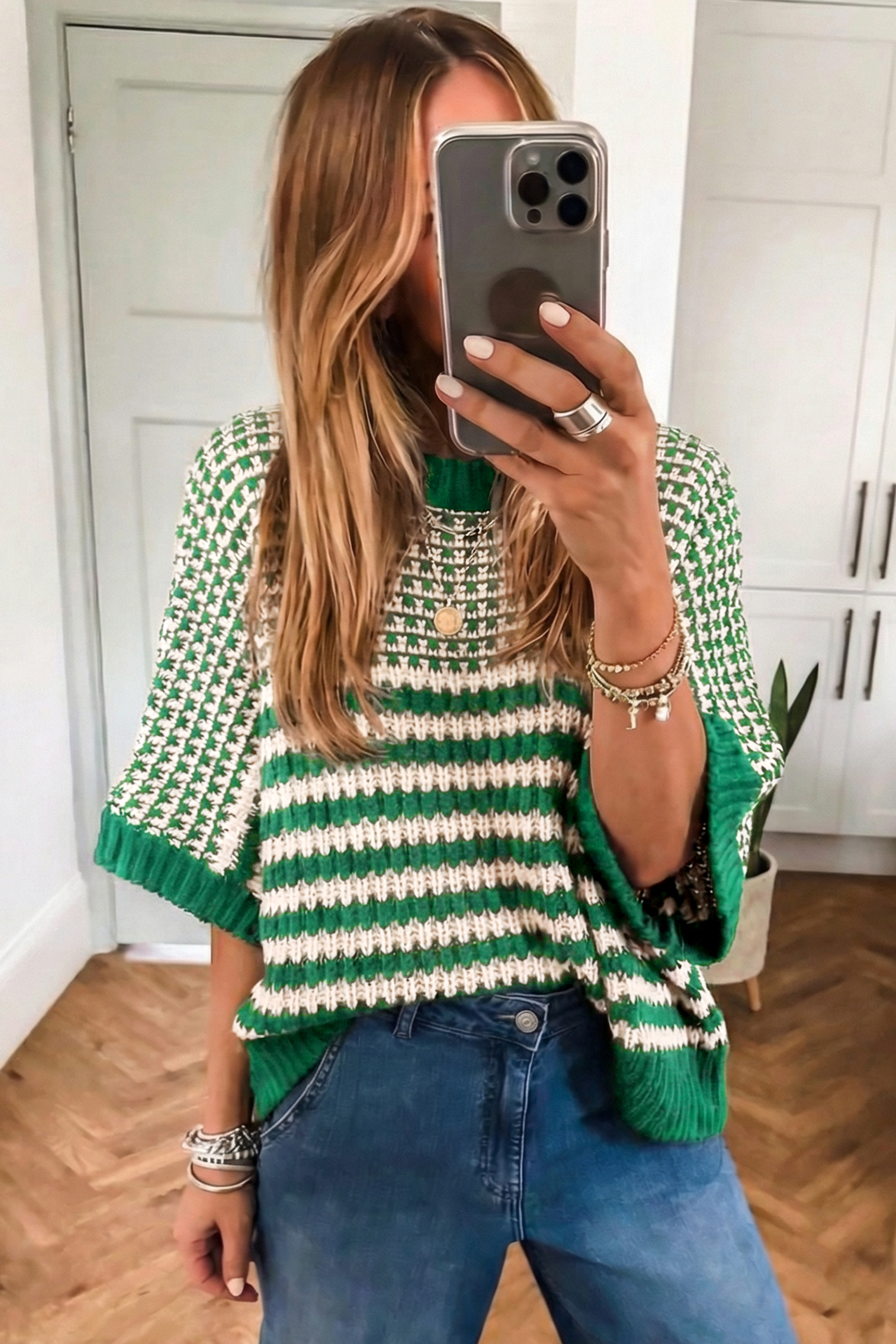 Black Stripe 3/4 Draped Sleeve Slouchy Sweater