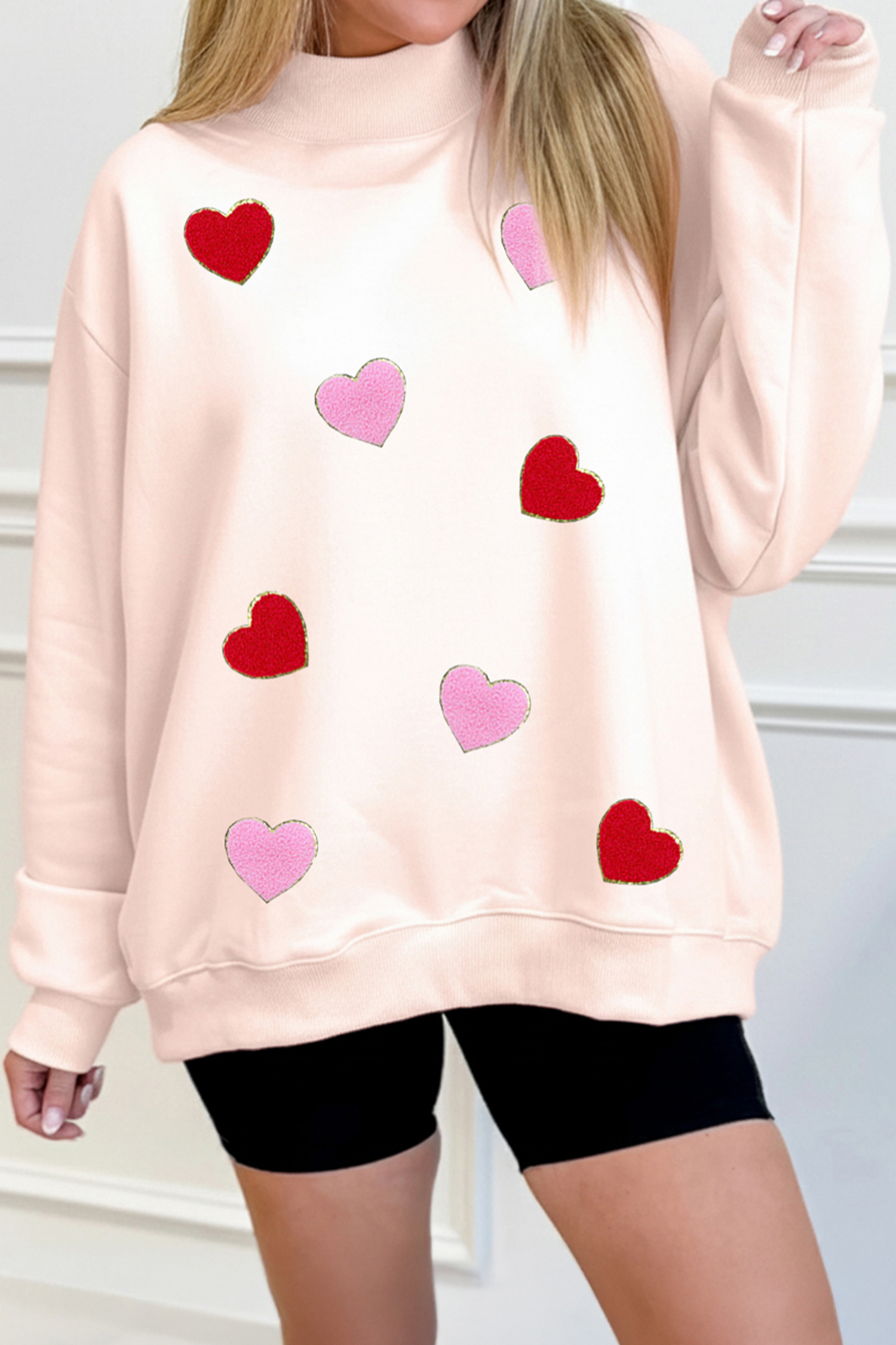 Apricot Pink Cowgirl Element Embroidered Detail Mock Neck Sweatshirt