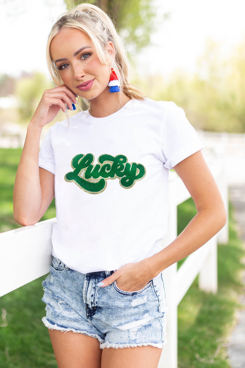 Black St. Patricks Lucky Clover Print O Neck T Shirt