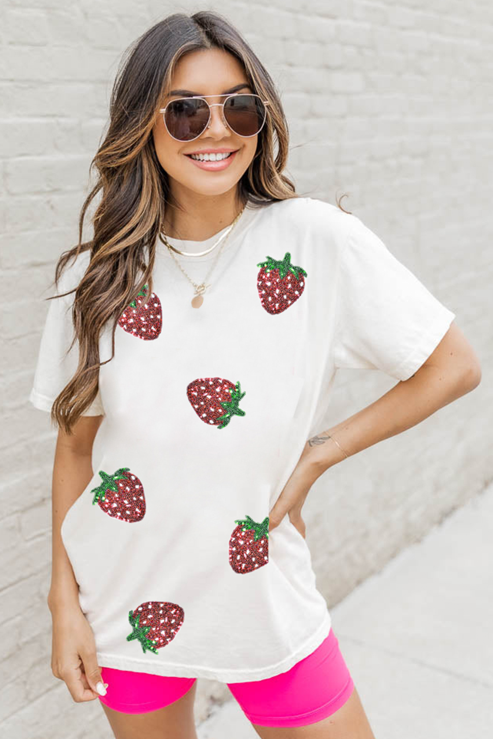 White Sequin Bow Strawberry Graphic Crew Neck T Shirt