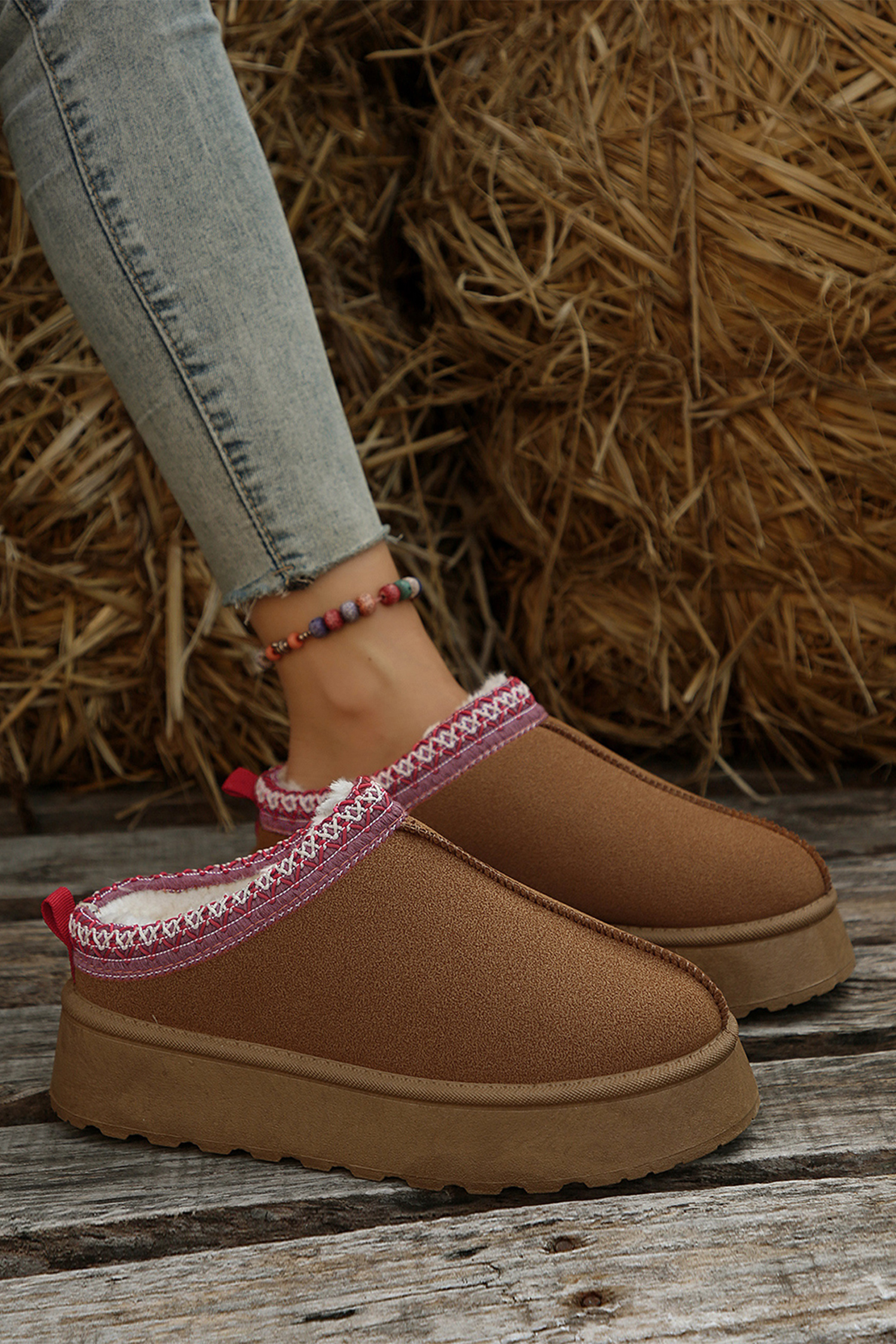 Chestnut Contrast Print Suede Plush Lined Snow Boots