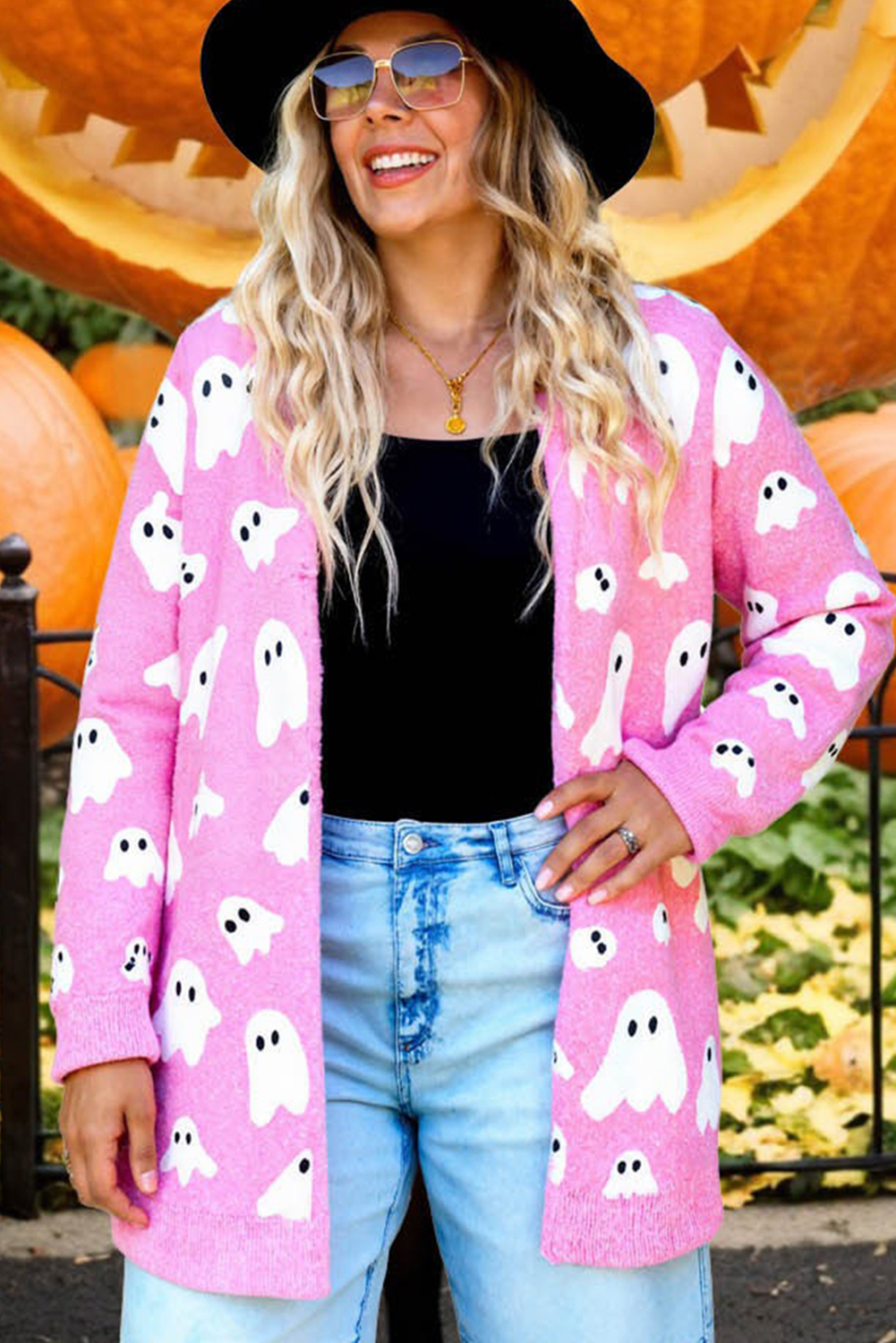 Bonbon Halloween Ghost Pattern Mid-length Knitted Cardigan