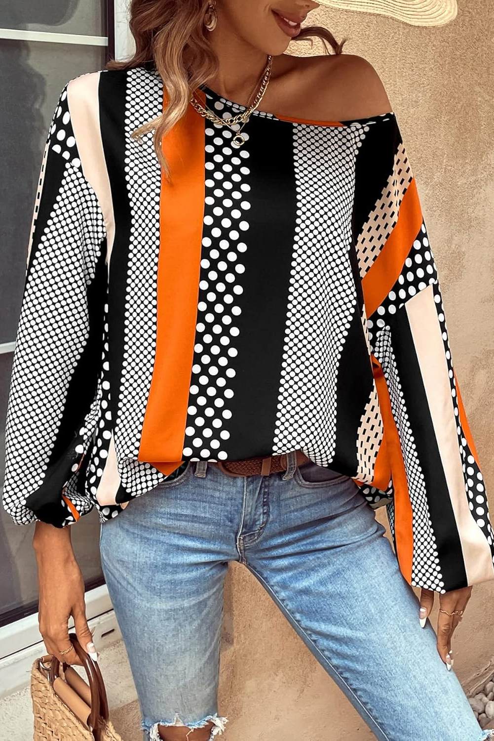 Black Striped Polka Dot Print Ruffled Hem V Neck Mini Dress