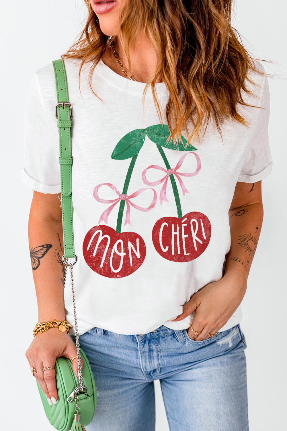 Pink Bow Cherry Print Crew Neck Casual T Shirt