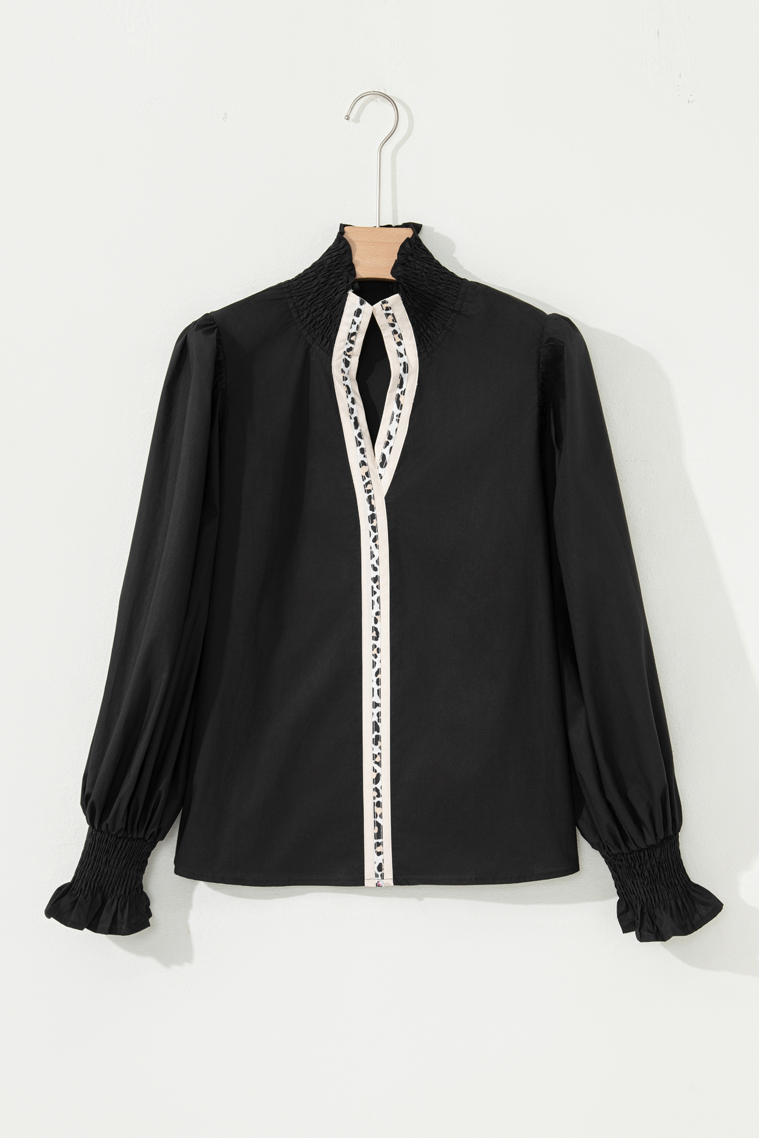 Evergreen Puffy Flounce Sleeve Leopard Trim V Neck Blouse