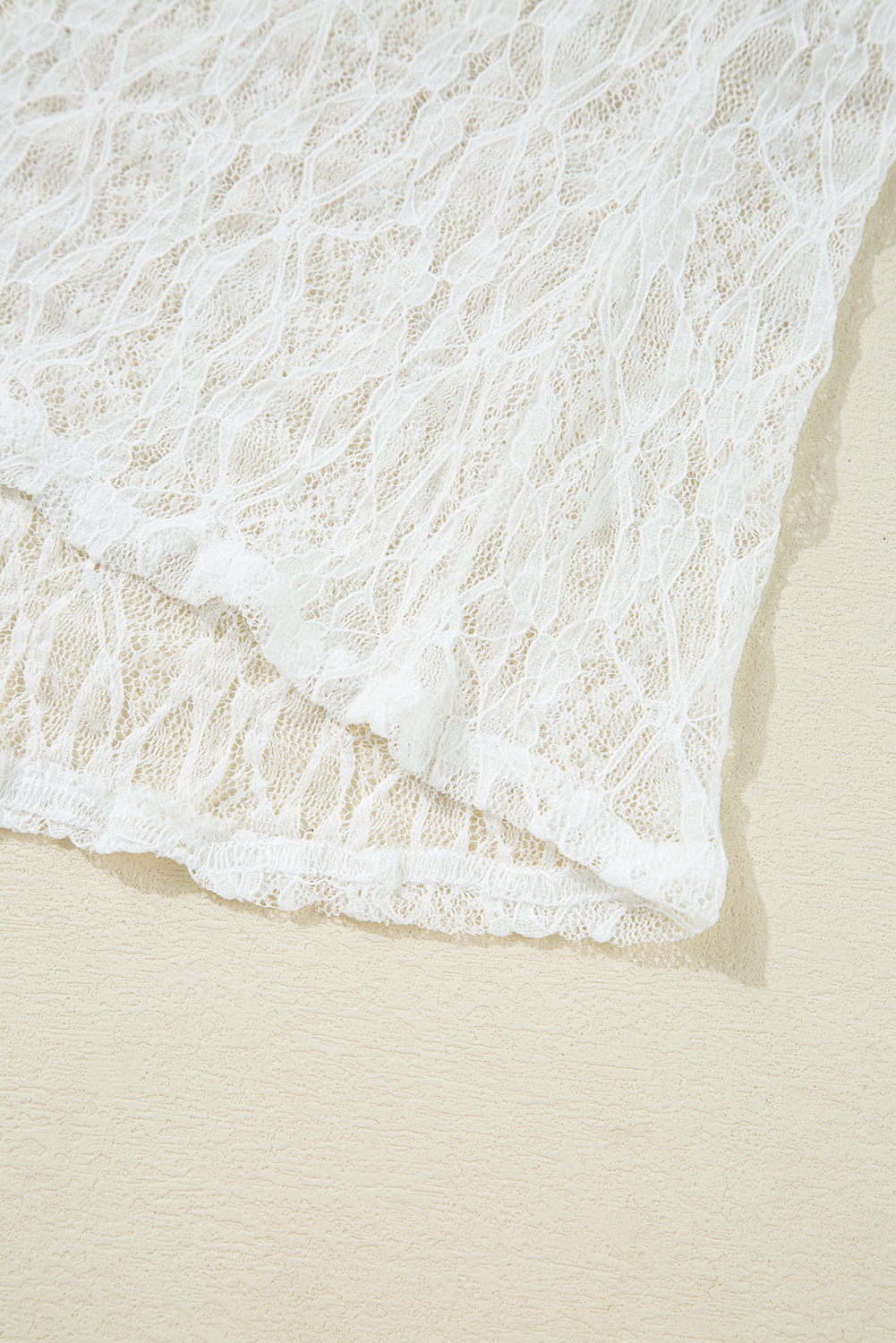White Sheer Lace Bell Sleeve Mock Neck Blouse