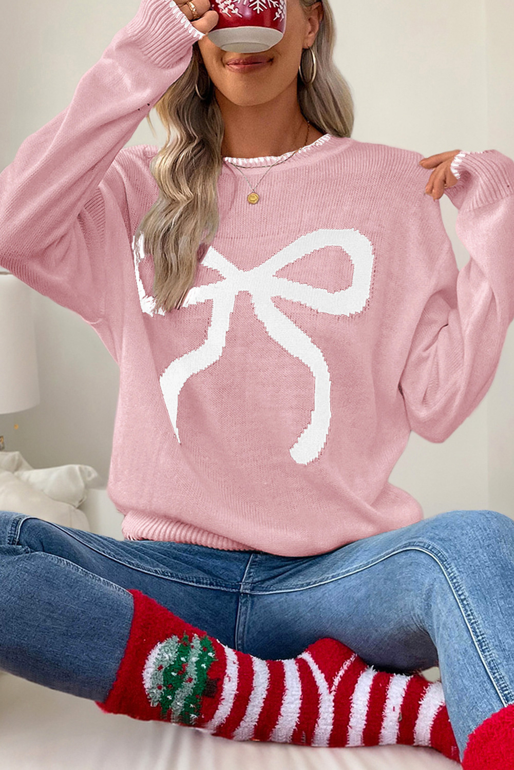 White Bow Pattern Contrast Trim Christmas Loose Graphic Sweater