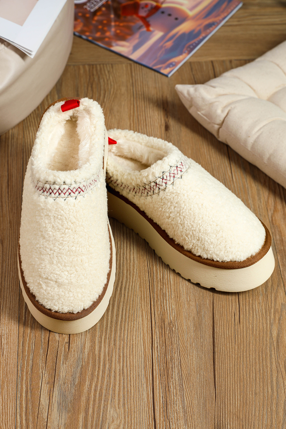 Oatmeal Embroidered Sherpa Plush Thick Sole Snow Boots