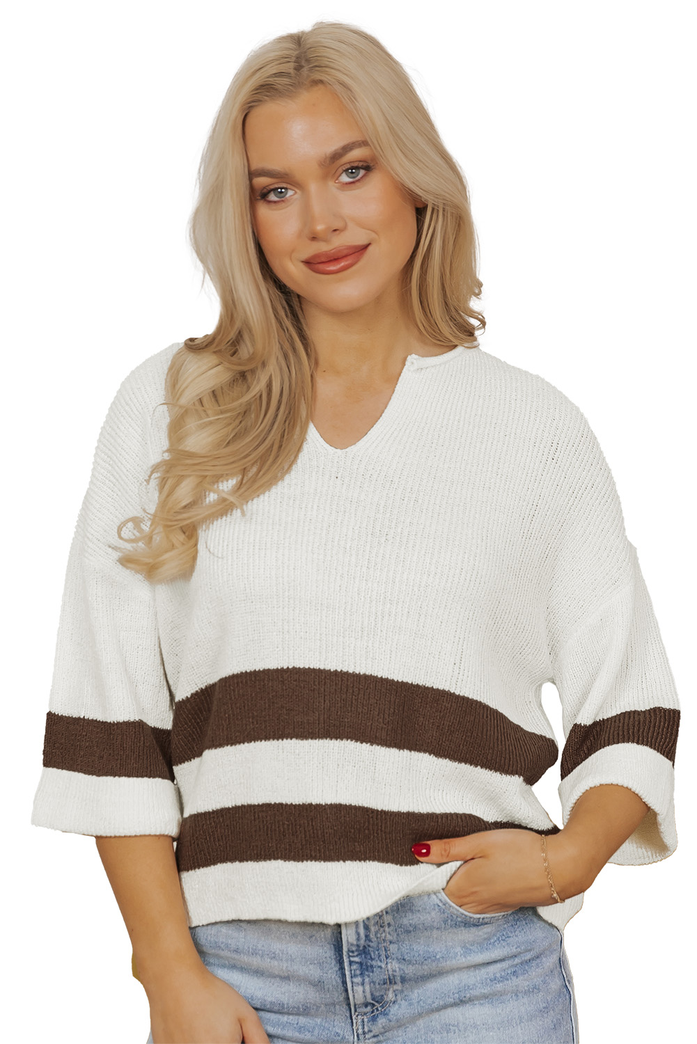 Brown Striped Accent Notched V Neck Cropped Sweater T Shirt