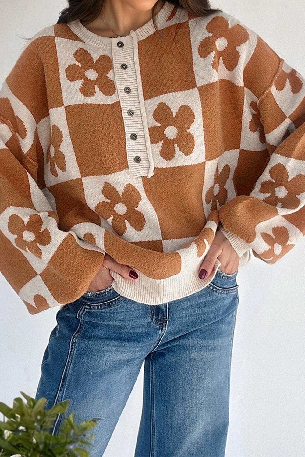 Black Flower Plaid Henley Baggy Sweater