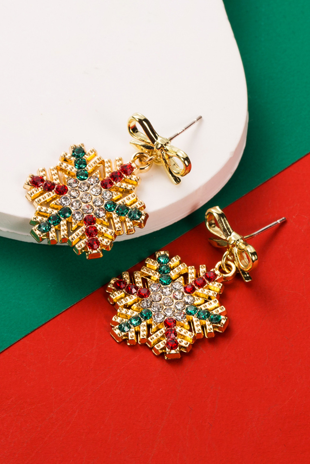 Gold Plated Bow Stud Rhinestone Embellished Snowflake Earrings