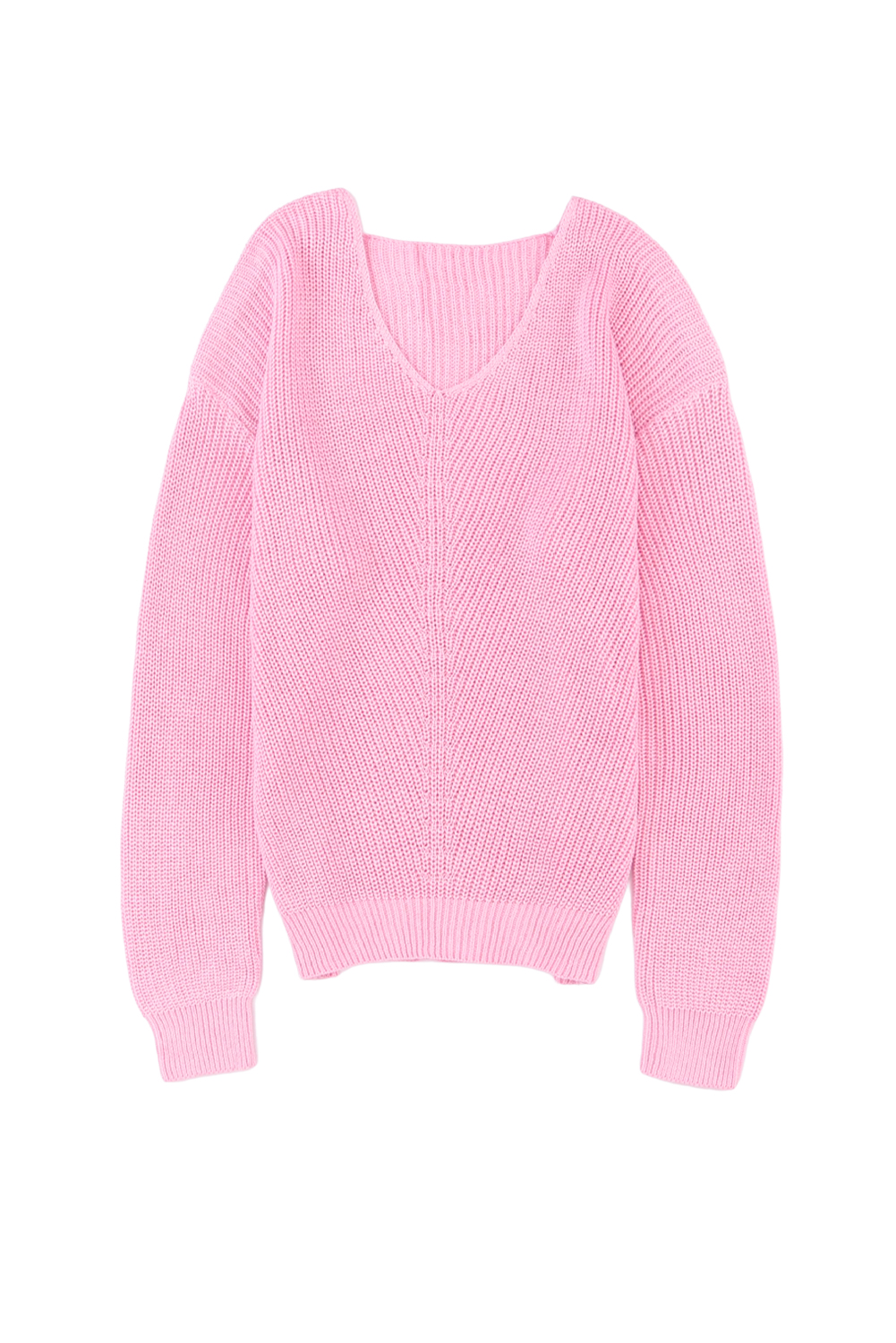 Pink Ribbed Knit V Neck Sweater
