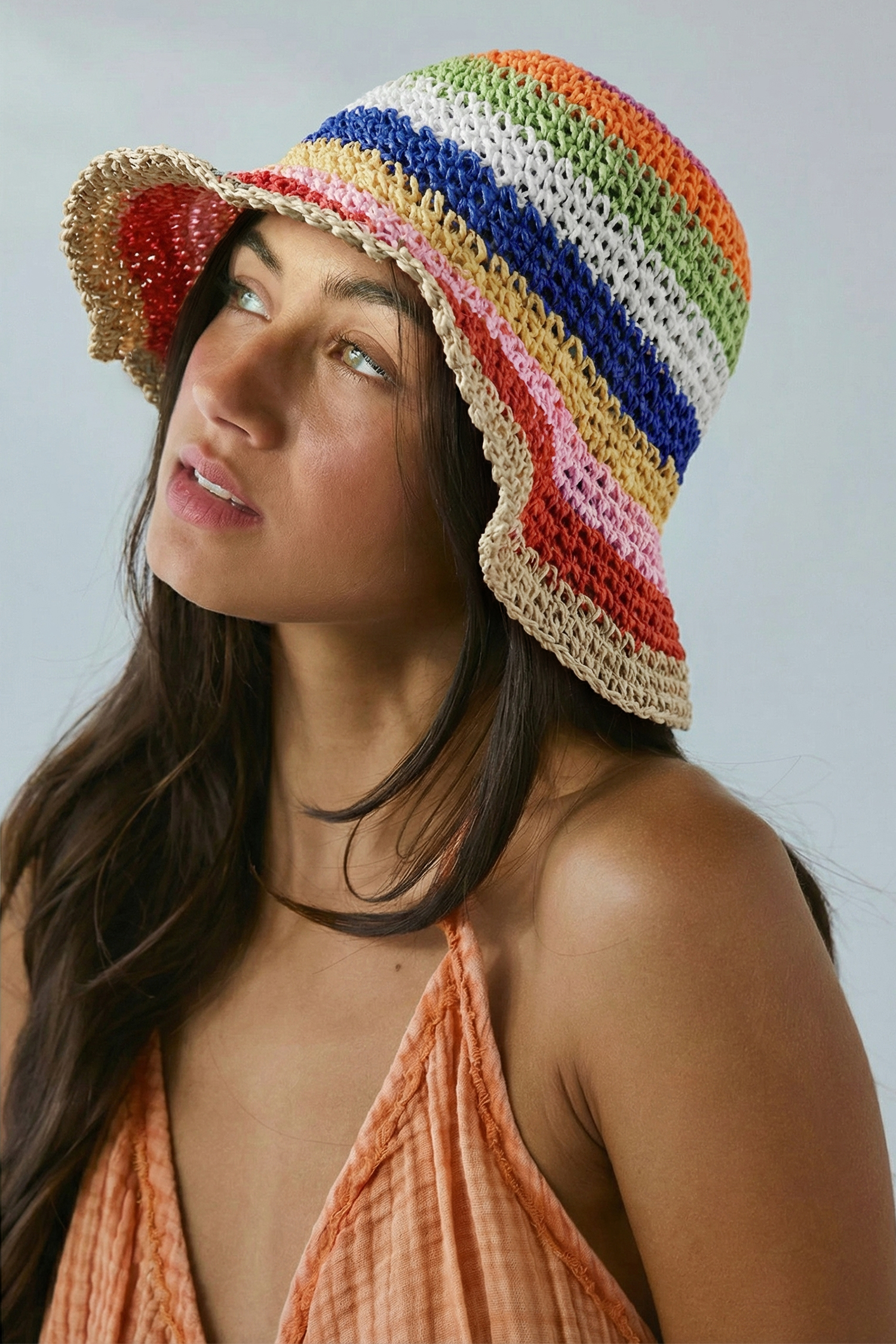 Yellow Cream Rainbow Woven Straw Bucket Hat