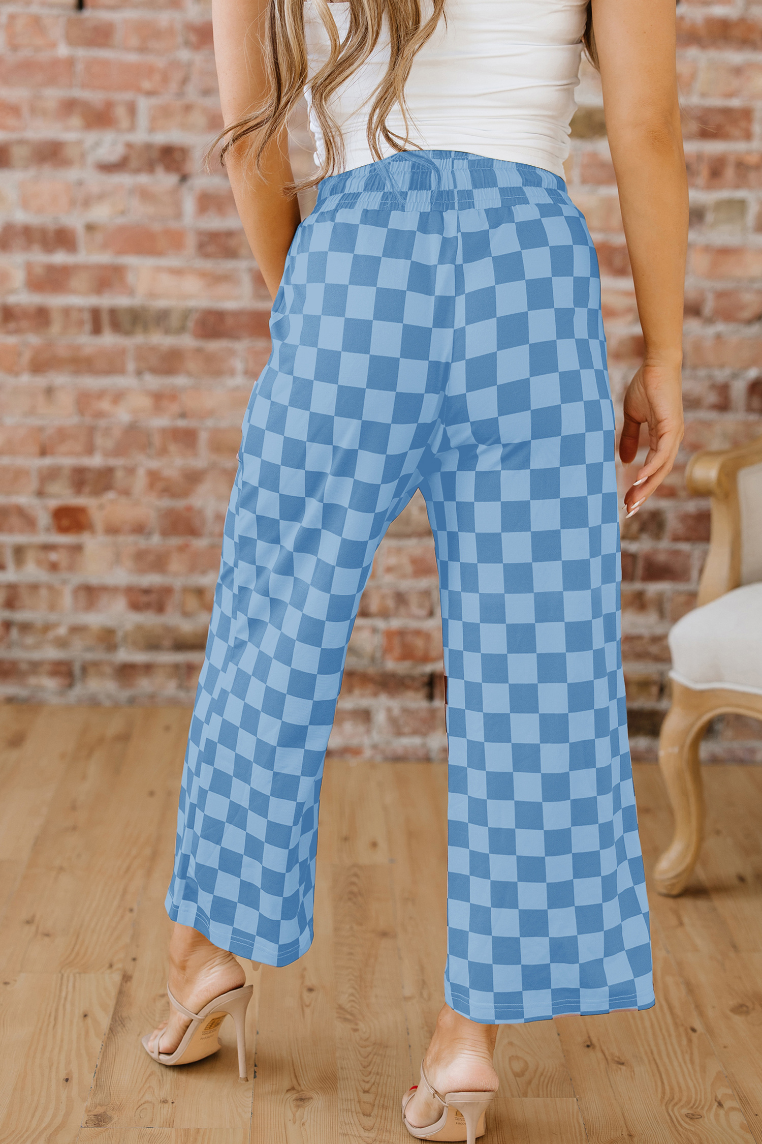 Khaki Checkered Elastic High Waist Loose Casual Pants