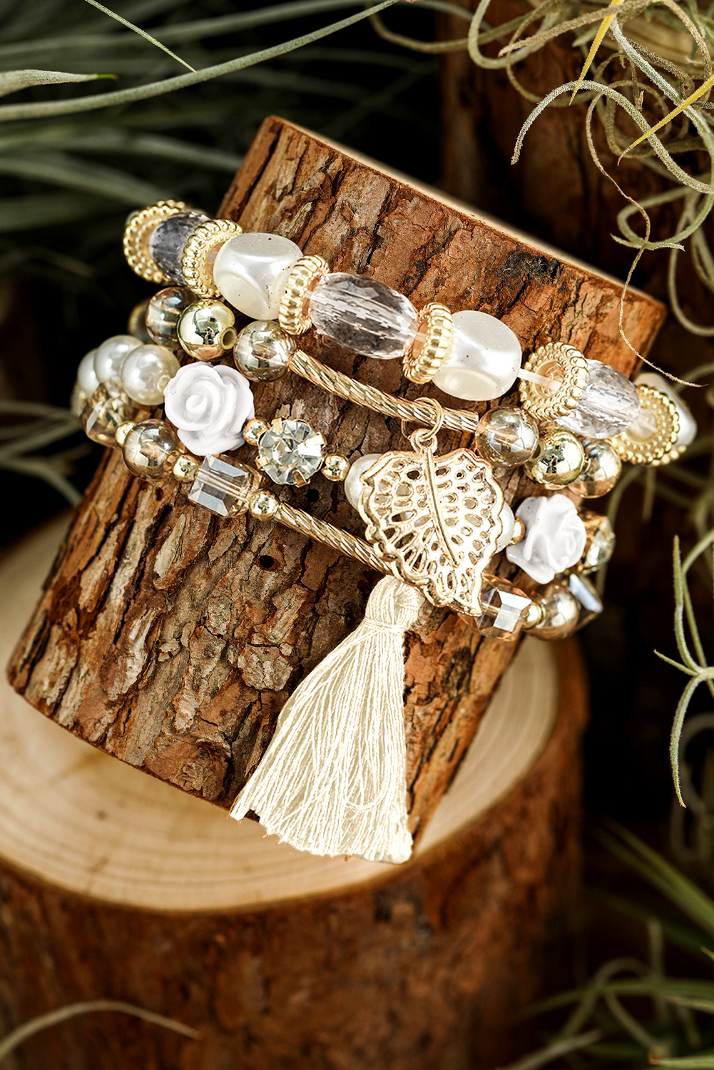 White Bohemian Rhinestone Beaded Fringed Layered Bracelet