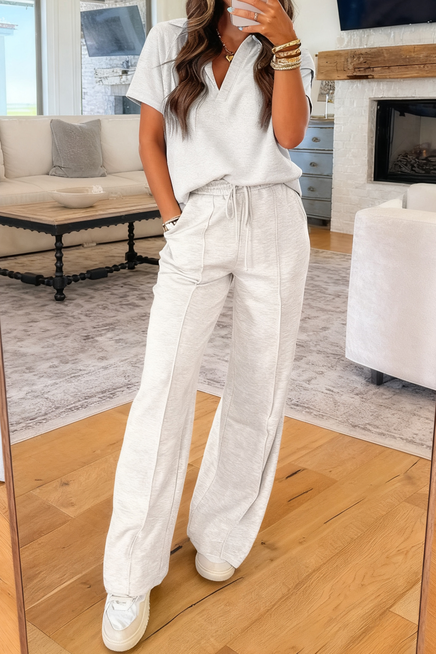Light Grey Polo Tee Casual Pant Set